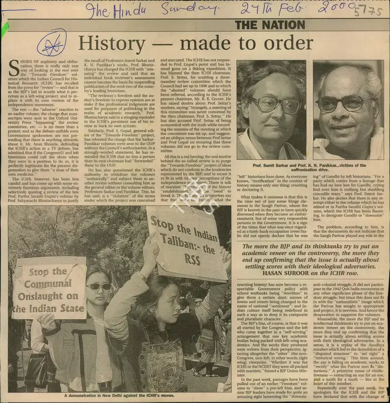Hasan Suroor (Writer), History-Made to Order, 2000, Newspaper Clipping