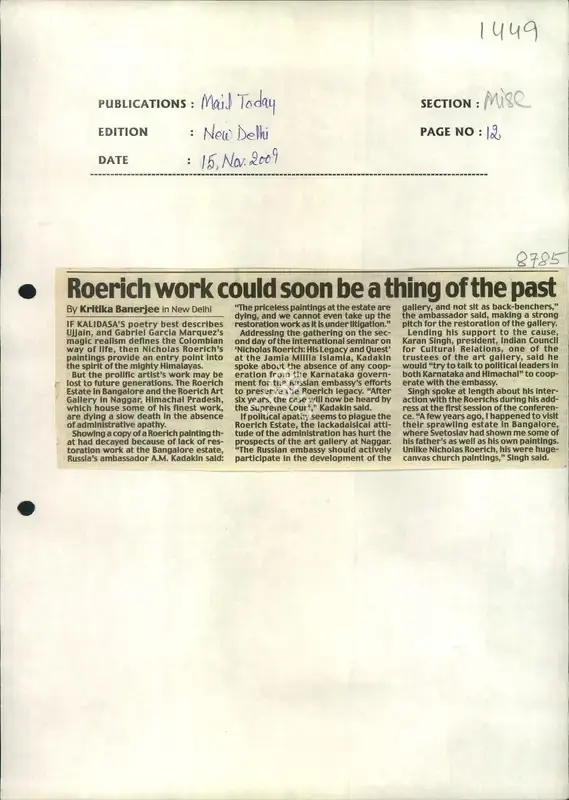 Kritika Banerjee (Reporter), Roerich Work Could Soon Be A Thing of the Past, 2009, Newspaper Clipping