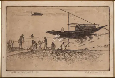 Ramendranath Chakravorty (Artist), Winter Morning by the Ganges, 1941, Graphic Art