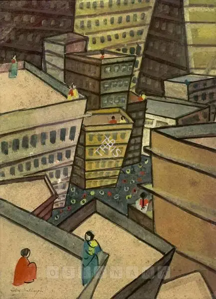Sailoz Mookherjea (Artist), Cityscape, 1951, Painting