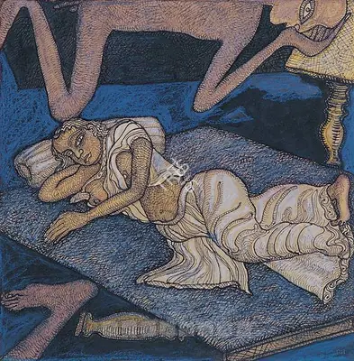 Chowdhury, Jogen (Artist). A Domestic Scenario, 2001 | Painting, Os.Mum/09.09.06, 2006 · Osian's