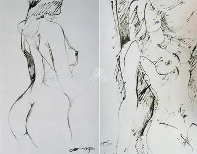 Jamil Naqsh (Artist), Standing Female Nude; Leaning Female Nude, Drawing