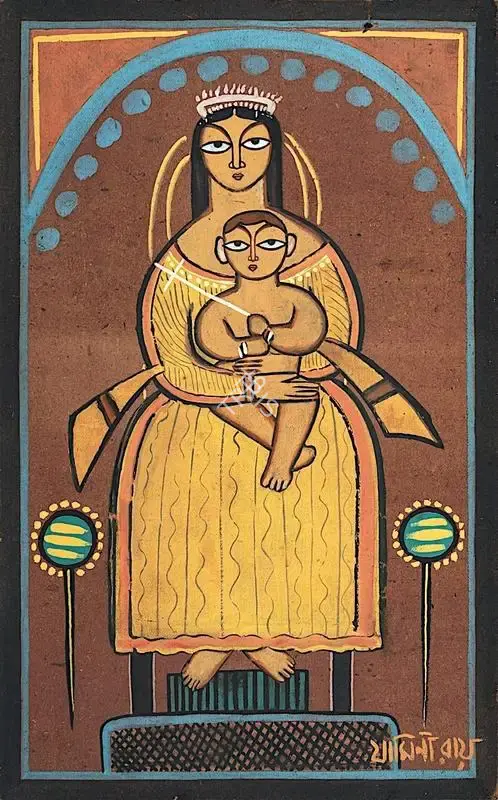 Jamini Roy (Artist), Baby Jesus And Mother Mary, 1949, Painting