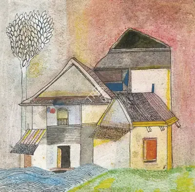 Badri Narayan (Artist), Houses by the River & Plots of Grass, 2001, Drawing