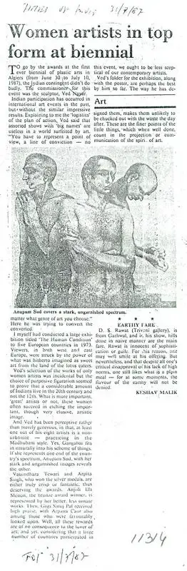 Keshav Malik (Writer), Women Artists in Top Form at biennial, 1987, Newspaper clipping