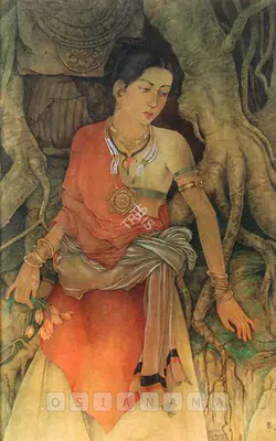 Pranay Ranjan Roy (Artist), A Young Woman Standing By A Column Entwined With Roots, 1944, Painting