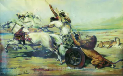 V.P. Bhide (Artist), Lion Hunt With Chariot, 1919, Painting