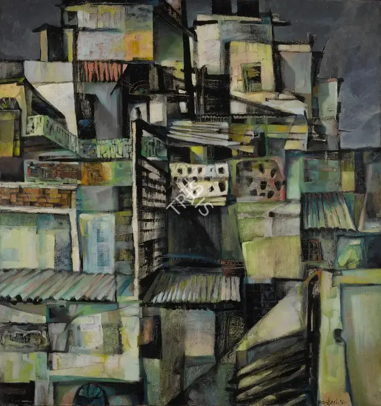 Bikash Bhattacharjee (Artist), Untitled (Rooftops), 1964, Painting