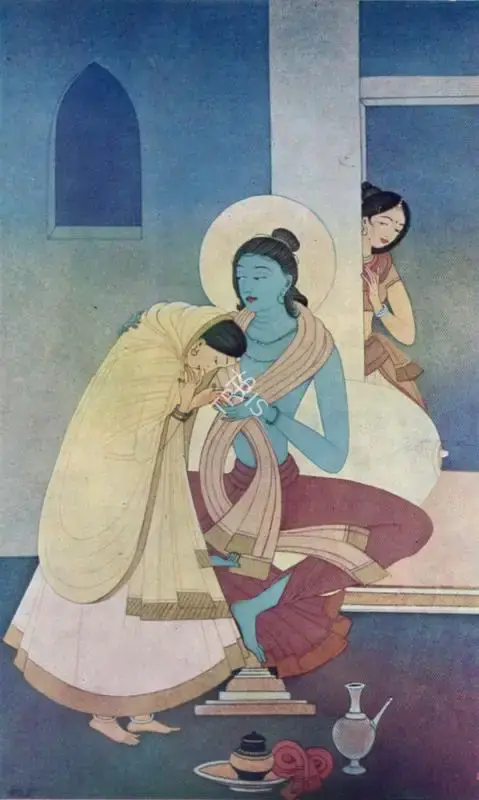 Kshitindranath Majumdar (Artist), First Meeting of Radha and Krishna under the Watchful Eye of the Sakhi, Painting