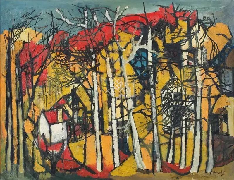 Avinash Chandra (Artist), Untitled (Landscape with Houses and Trees), 1957, Painting