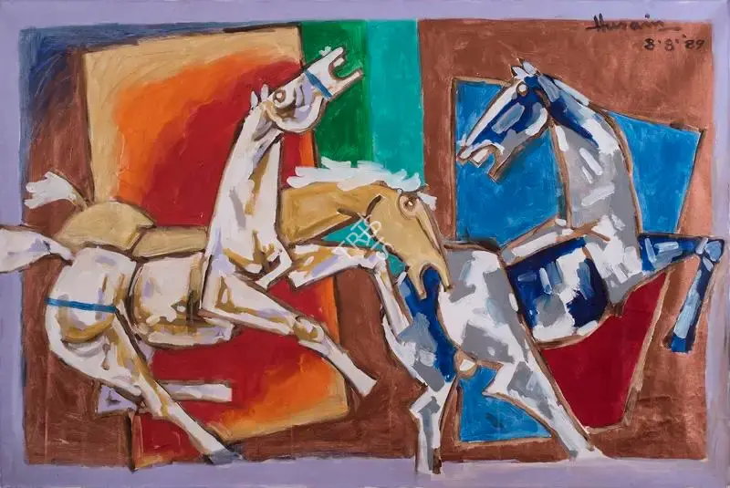 M.F. Husain (Artist), Perhaps these three horses are like three cheers for my Knighthood, 1989, Painting