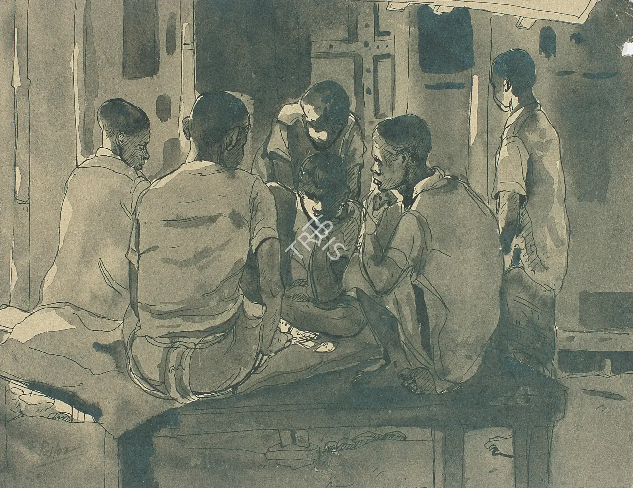 Sailoz Mookherjea (Artist), Gamblers, 1947, Painting