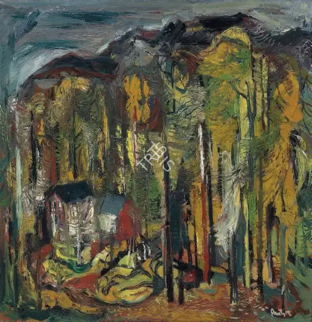 Avinash Chandra (Artist), Untitled (Houses in the Forest), 1955, Painting