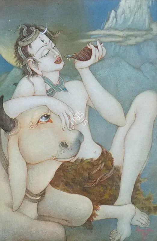 Sarada Ukil (Artist), Shiva with Nandi, Painting