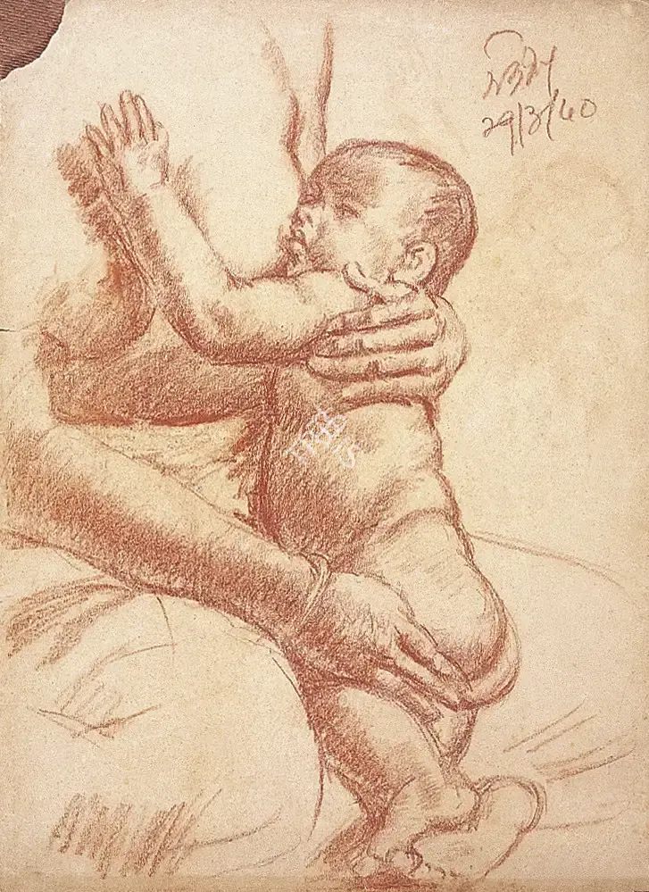 Satish Sinha (Artist), Mother and Child, 1940, Drawing