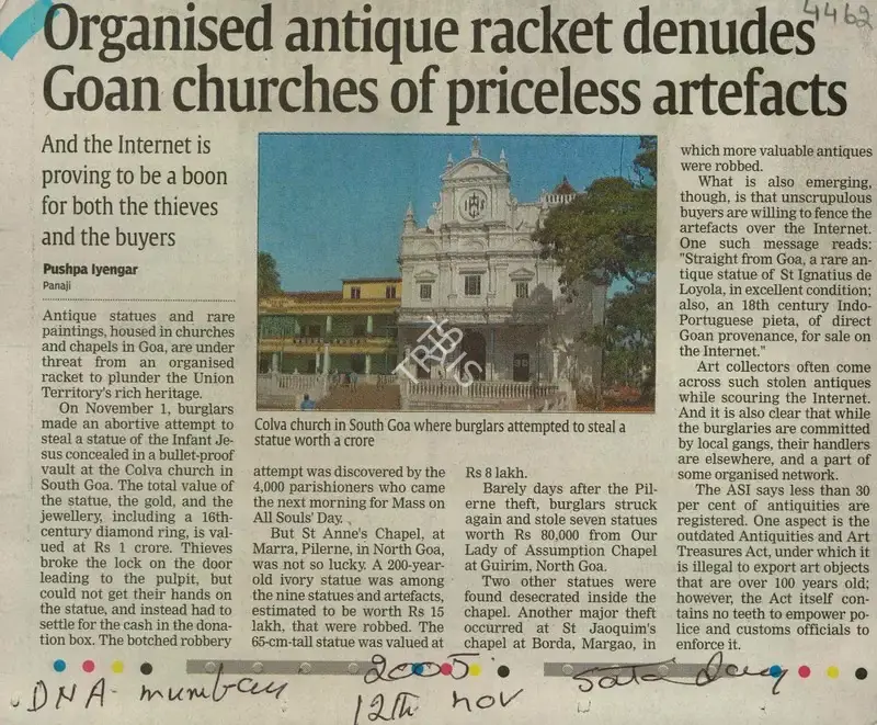 Pushpa Lyengar (Reporter), Organised Antique Racket Denudes Goan Churches of Priceless Artefacts, 2005, Newspaper Clipping