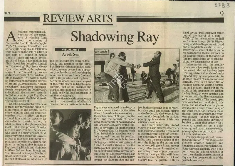 Aveek Sen (Reporter), Shadowing Ray, 2009, Newspaper Clipping