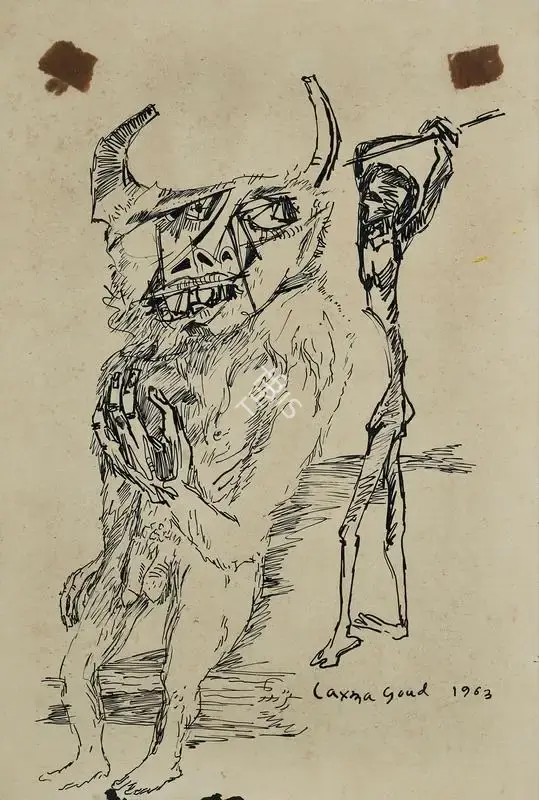 K. Laxma Goud (Artist), Minotaur, 1963, Drawing