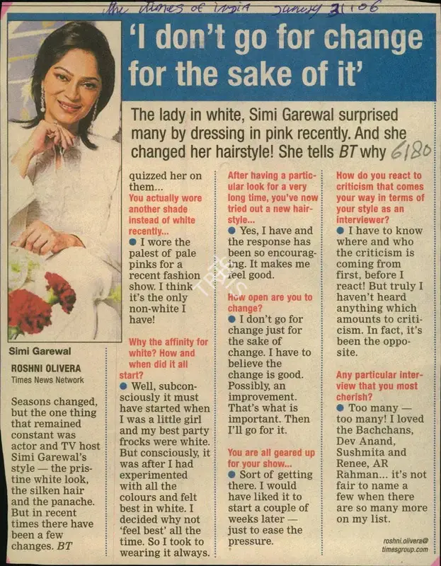 Roshni Olivera (Reporter), I don't go for Change for the sake of it, 2006, Newspaper Clipping