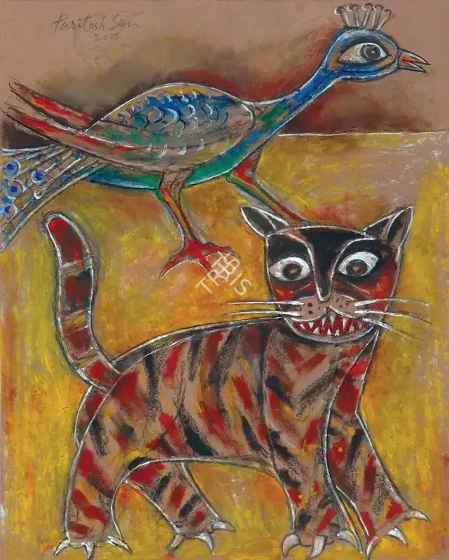 Paritosh Sen (Artist), Cat and Peacock, 2002, Painting