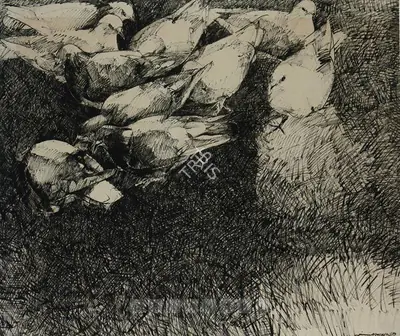 Jamil Naqsh (Artist), Untitled (Pigeons), 1989, Drawing