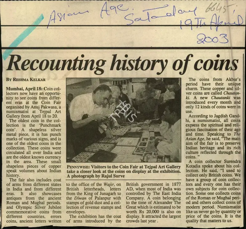 Reshma Kelkar (Reporter), Recounting History of Coins, 2003, Newspaper Clipping