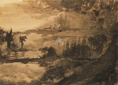 Rabindranath Tagore (Artist), Untitled (West Bengal Landscape), 1929, Painting