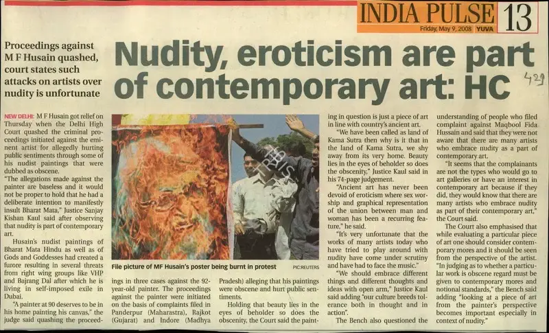 Nudity, Eroticism are Part of Contemporary art: HC, 2008, Newspaper Clipping
