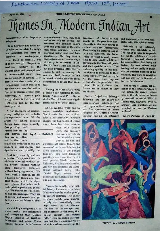 A.S. Raman (Writer), Themes in modern indian art, 1960, Newspaper Clipping