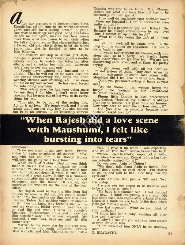 N. Bharathi (Interviewer), "When Rajesh did a love scene with Maushumi, I felt like bursting into tears", 1974, Conversation