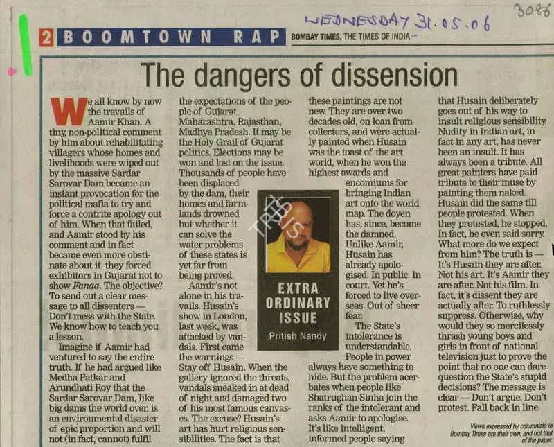 Pritish Nandy (Writer), The Dangers of Dissension, 2006, Newspaper Clipping