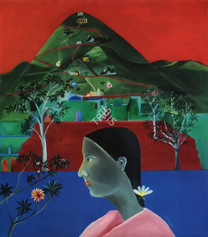 Bhupen P. Khakhar (Artist), Nilima Looking at Orange Flower, 1971, Painting