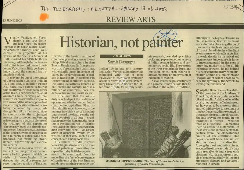 Samir Dasgupta (Reporter), Historian, not Painter, 2003, Newspaper Clipping