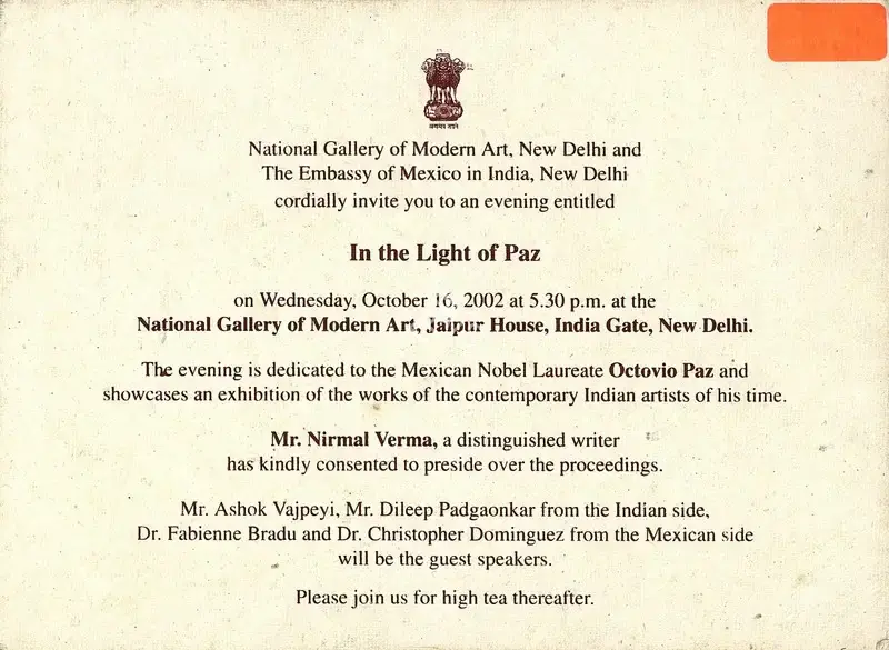 National Gallery of Modern Art (Organiser), In the Light of Paz, 2002, Group Exhibition Invitation