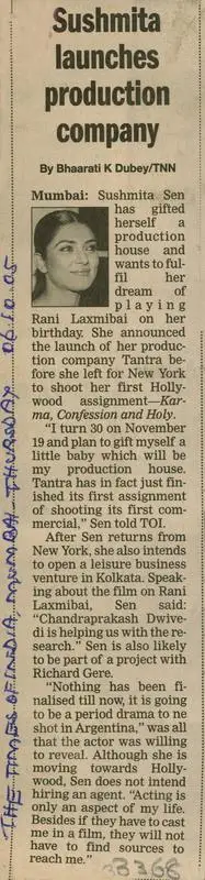 Bharti K. Dubey (Reporter), Sushmita Launches Production Company, 2005, Newspaper Clipping
