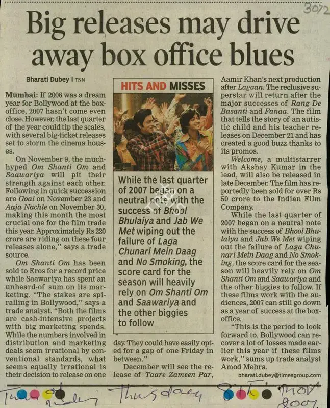 Bharti K. Dubey (Reporter), Big Releases may Drive away Box Office Blues, 2007, Newspaper Clipping
