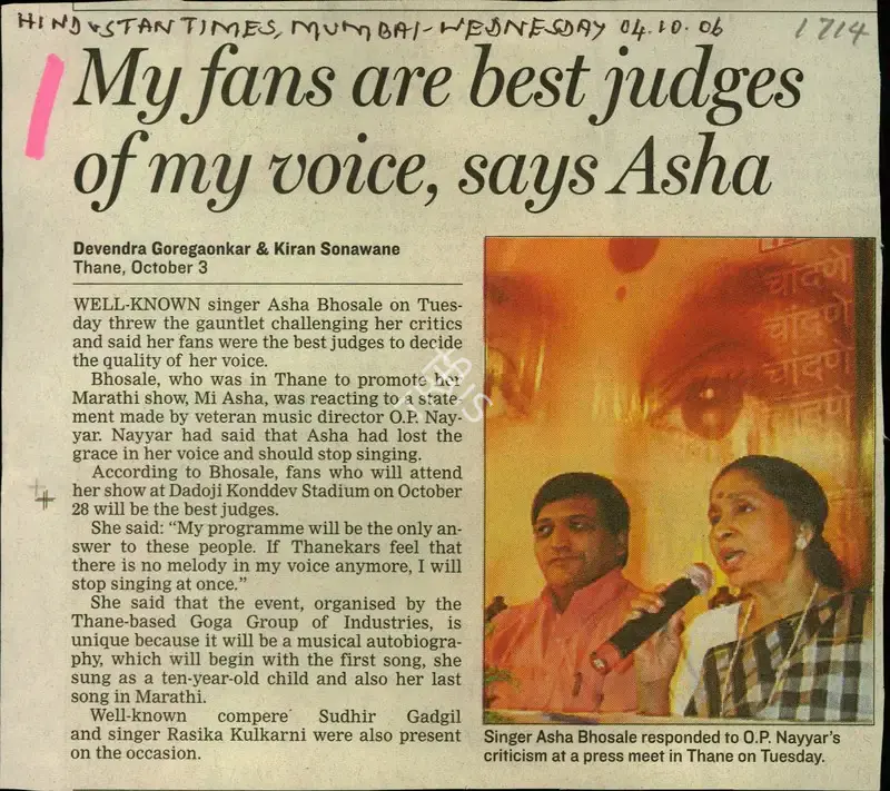 Devendra Goregaonkar (Reporter), My fans are best judges of my voice, says Asha, 2006, Newspaper Clipping