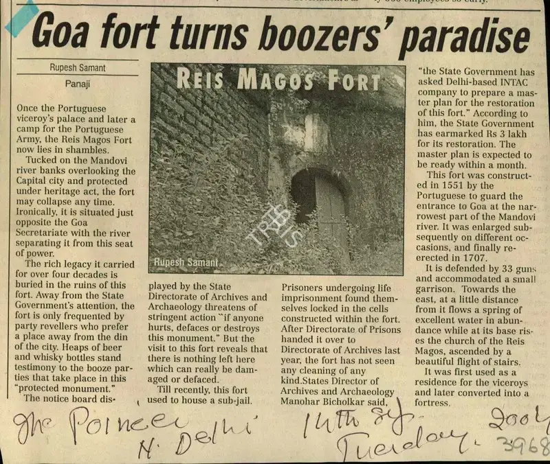 Rupesh Samant (Reporter), Goa Fort Turns Boozers' Paradise, 2004, Newspaper Clipping