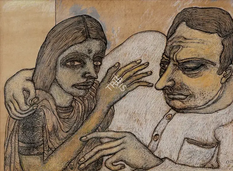 Jogen Chowdhury (Artist), Man And Woman (With Yellow And Grey), 1990, Drawing