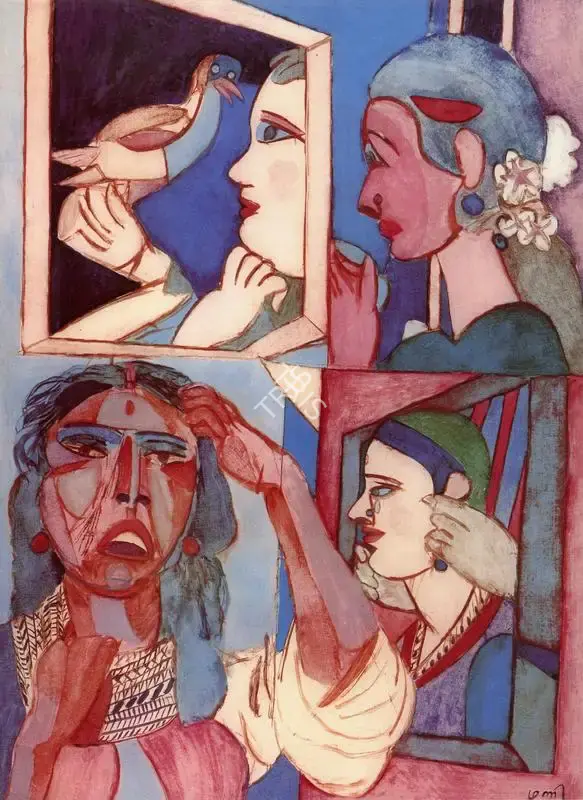 Subramanyan, K.G. (Artist). Women, Sad and Smiling . Watercolour and Oil on Acrylic Sheet, 1981 | K.G. Subramanyan, 2003 | Painting | FineArts | 00566165