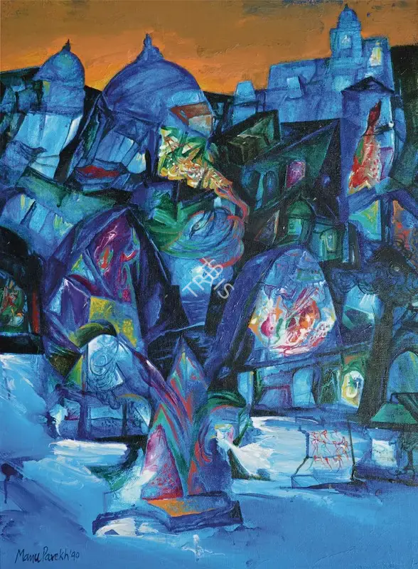 Manu Parekh (Artist), Morning at Colour Festival Day, 1990, Painting