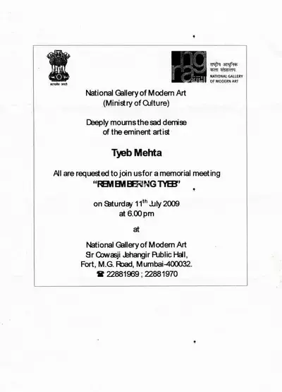 Tyeb Mehta (Artist), Remembering Tyeb, 2009, Solo Exhibition Invitation
