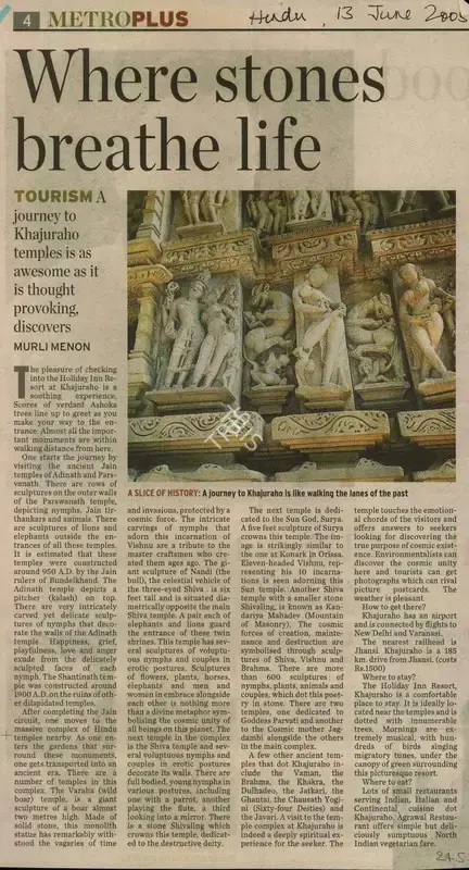 Murli Menon (Writer), Where Stones Breathe Life, 2005, Newspaper Clipping