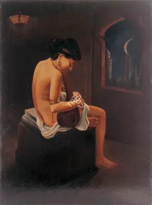 Jogesh Chandra Seal (Artist), Woman with Sitar in Moonlight, 1921, Painting
