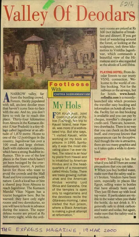 Chitra Subramanyam (Reporter), Valley of Deodars, 2000, Newspaper Clipping