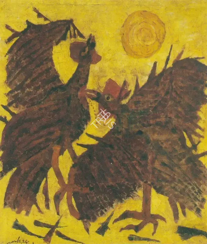Ramkinkar Baij (Artist), Roosters, 1978, Painting