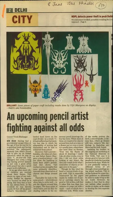 Gaurav Vivek Bhatnagar (Reporter), An Upcoming Pencil Artist Fighting Against all Odds, 2006, Newspaper Clipping
