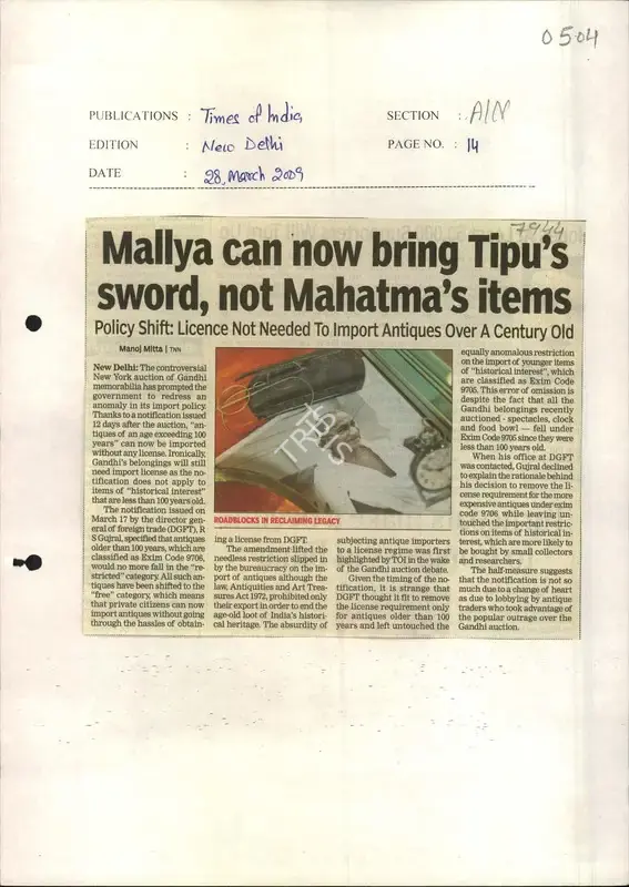 Manoj Mitta (Reporter), Mallya can Now Bring Tipu's Sword, Not Mahatma's Items, 2009, Newspaper Clipping