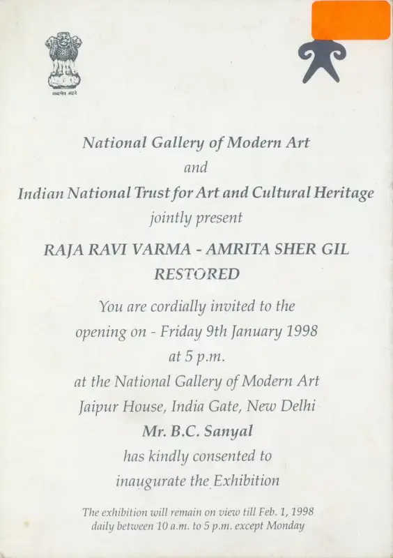 National Gallery of Modern Art (Organiser), Raja Ravi Varma - Amrita Sher Gil Restored, 1998, Group Exhibition Invitation