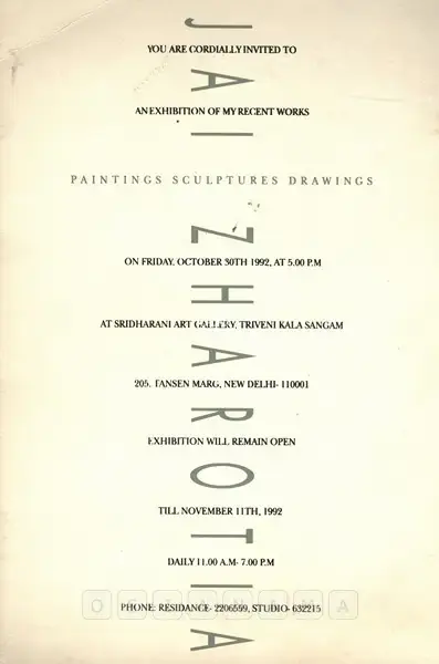 Jai Zharotia (Artist), Jai Zharotia, 1992, Solo Exhibition Invitation